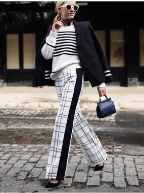 Tory Burch Plaid Wide-Leg Track-Stripe Pants